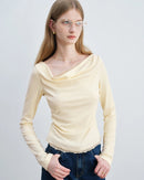 Lace-Trimmed Asymmetrical Neckline Knit T-Shirt