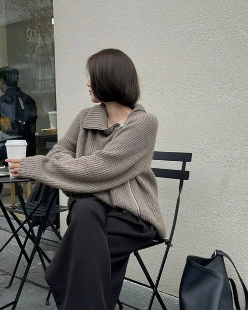 Oversized Irregular Zipper High Neck Cashmere Sweater