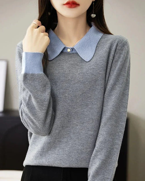 Women's  merino wool contrast-color polo collar pullover with loose fit and medium stretch, perfect for relaxed fall and winter layering or city to resort warmth.