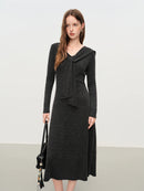 Women's scarf collar A-line knit dress with medium stretch, featuring soft polyester-viscose blend and French-inspired silhouette for autumn office wear or winter dining.