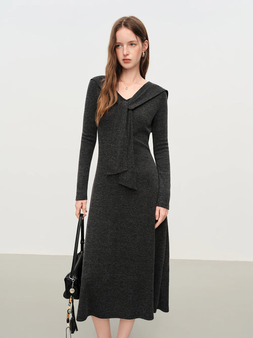 Women's scarf collar A-line knit dress with medium stretch, featuring soft polyester-viscose blend and French-inspired silhouette for autumn office wear or winter dining.