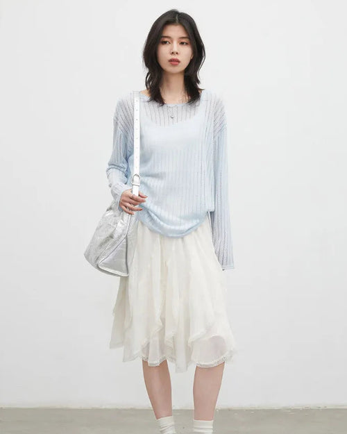 Hollow-Out Slant Shoulder Knit Top