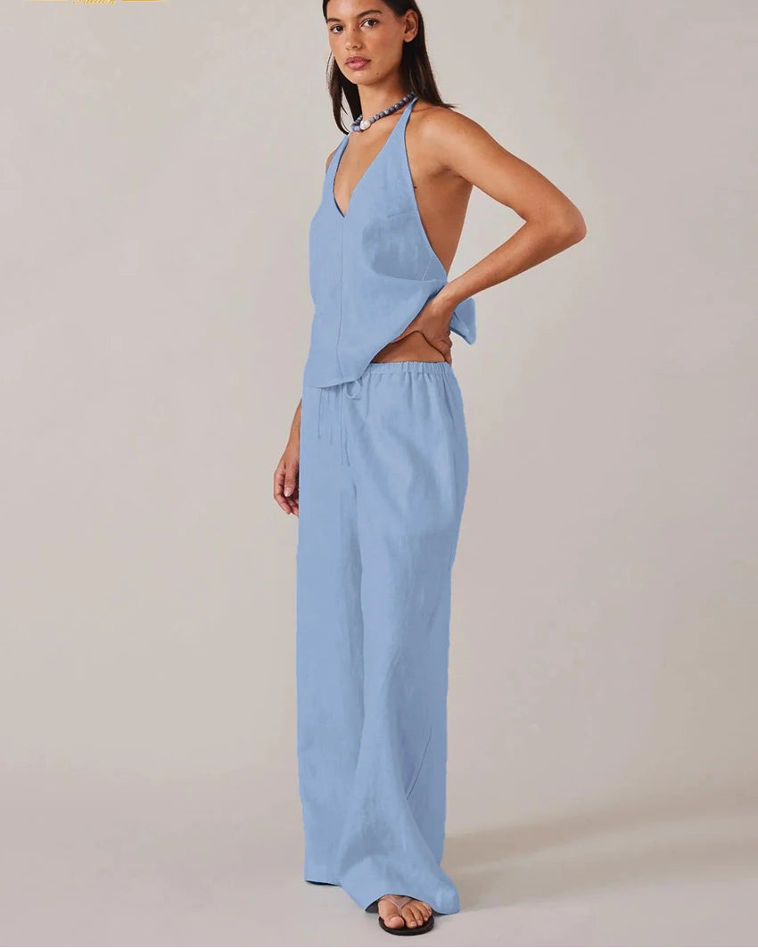 Cotton Halter Tank Wide-Leg Set