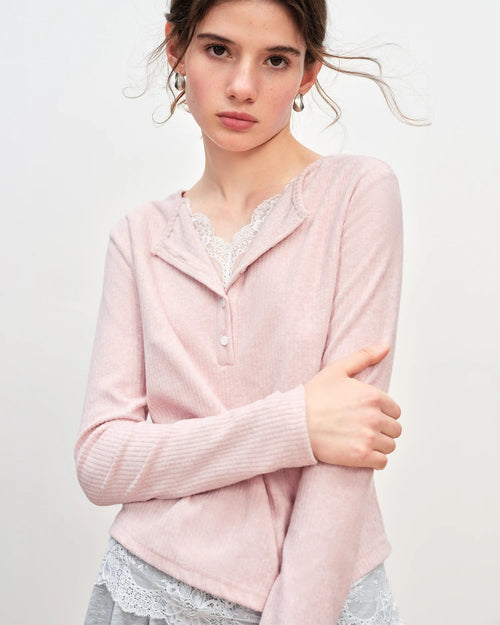 Lace-Trimmed V-Neck Knit Sweater