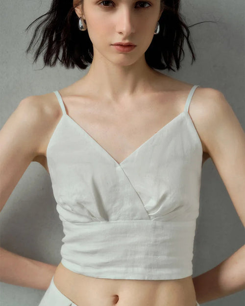 Linen V-Neck Spaghetti Strap Cropped Vest
