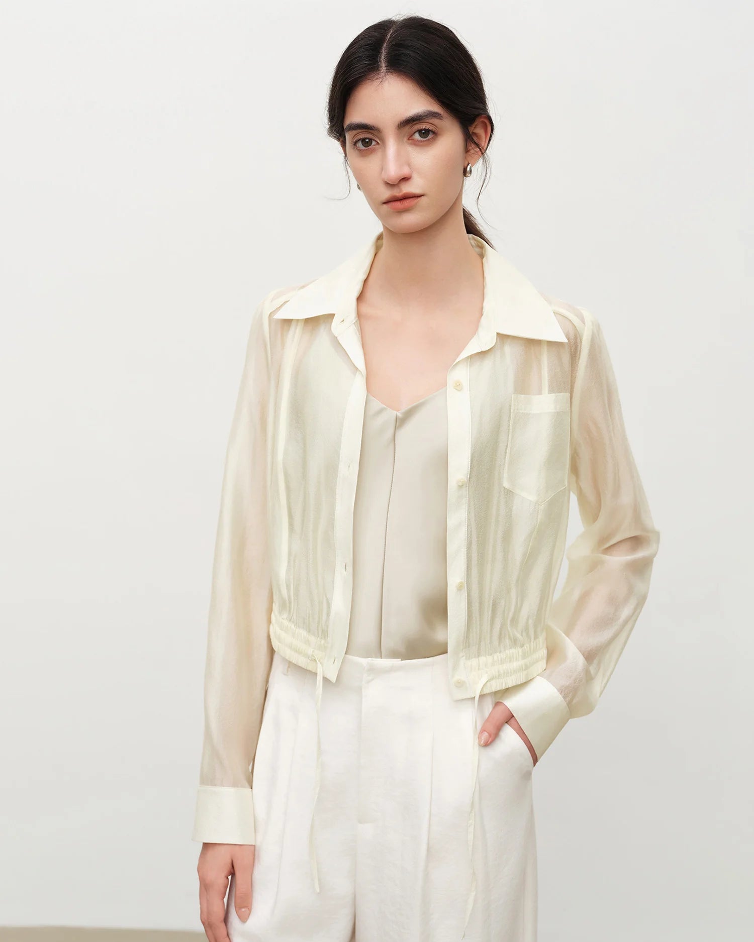 V-Neck Button-Front Long Sleeve Shirt