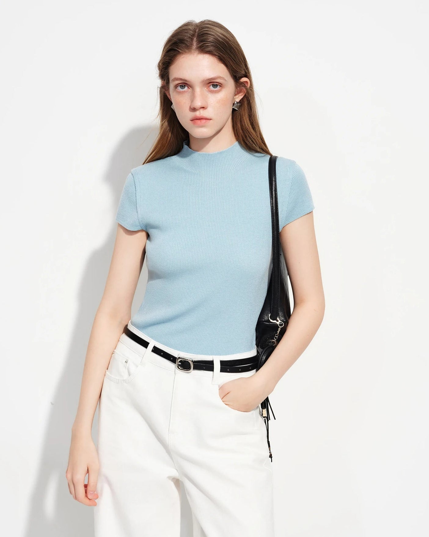 Premium semi-high-neck short-sleeve knit sweater crafted for a modern fit, offering a structured neckline and versatile comfort for your lounging needs or daily activities.