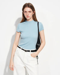 Semi-High Neck Short-Sleeve Knit Sweater