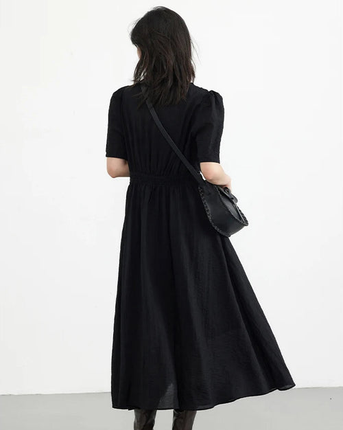 Retro V-Neck Puff Sleeve Loose Dress