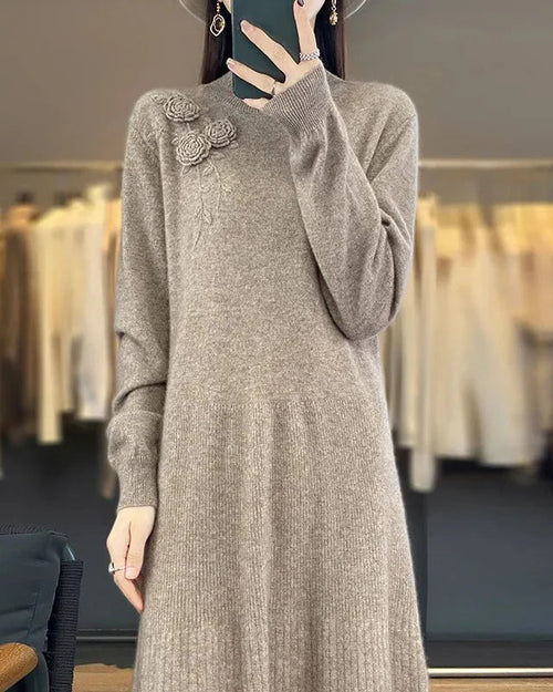 100% Pure Wool Knitted A-Line Long Sleeves Dress