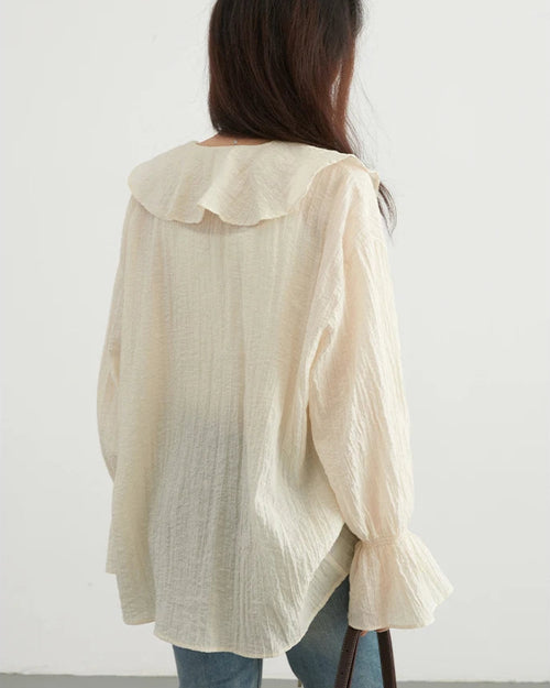Ruffled V-Neck Loose Lyocell Casual Blouse