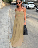 Cotton Slash-Neck Hollow-Out Sleeveless Maxi Dress