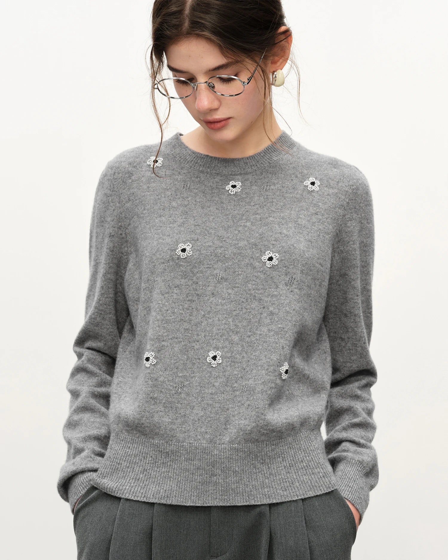 Beaded Floral Knit Pullover Sweater