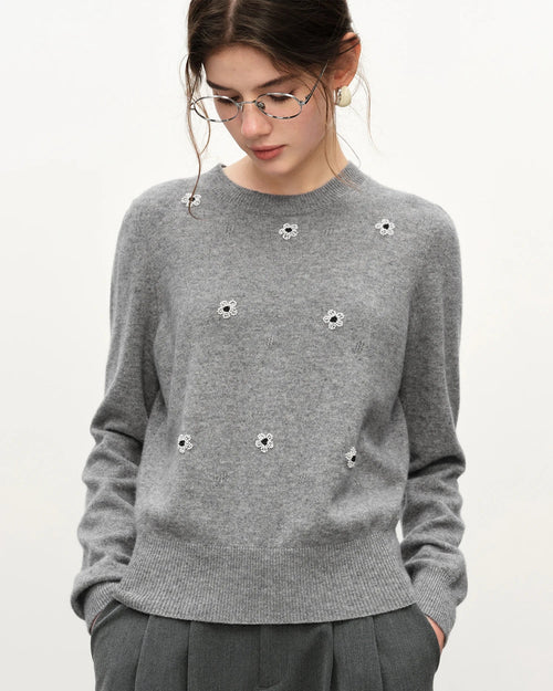 Beaded Floral Knit Pullover Sweater