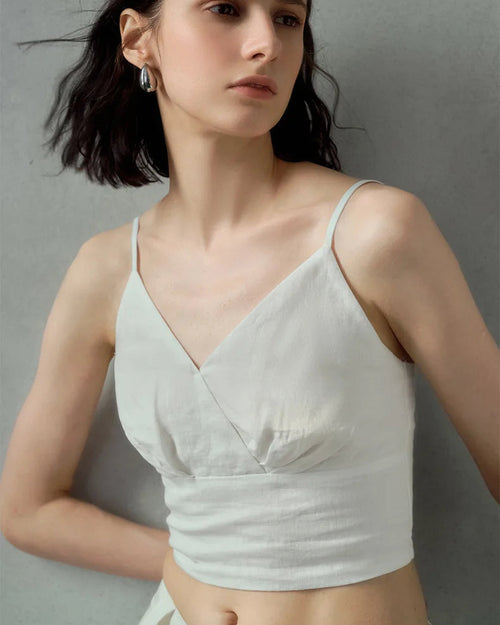 Linen V-Neck Spaghetti Strap Cropped Vest