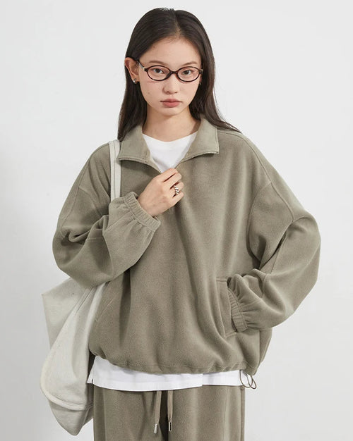 Granular Velvet Stand-Collar Zip Top