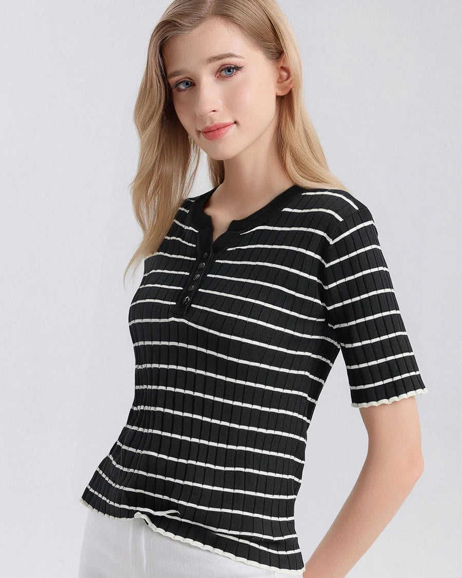 Silk-Cotton Striped Short-Sleeve Round-Neck Tee
