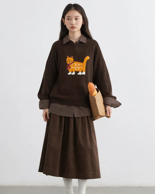 Cartoon Cat Appliqué Knit Sweater