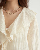 Ruffled V-Neck Loose Lyocell Casual Blouse