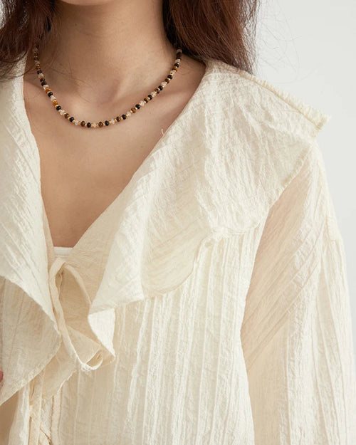 Ruffled V-Neck Loose Lyocell Casual Blouse