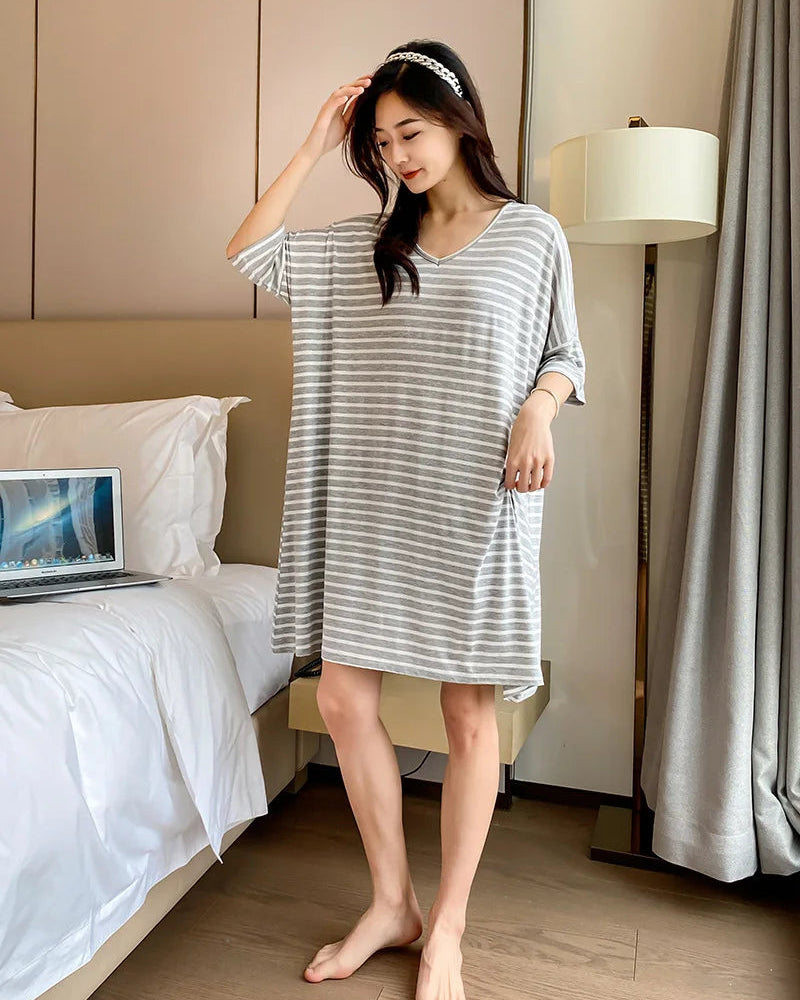 Modal Stripe Short Sleeve V-Neck Sleep Dress
