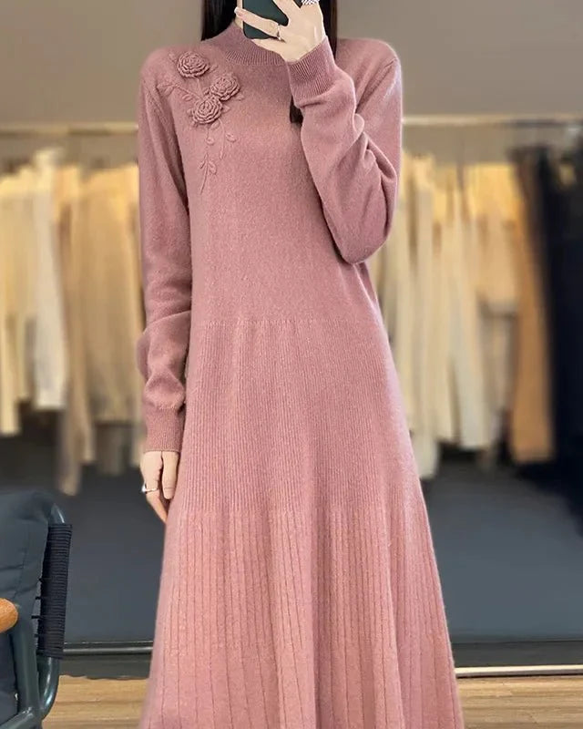 100% Pure Wool Knitted A-Line Long Sleeves Dress