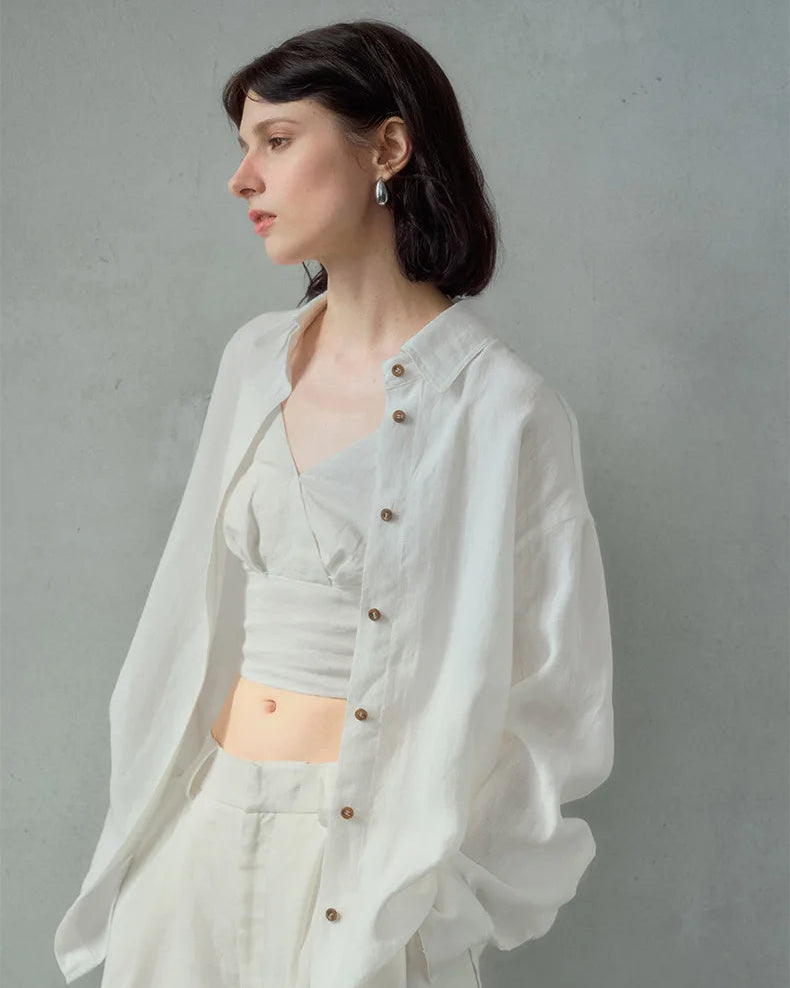 Linen V-Neck Spaghetti Strap Cropped Vest