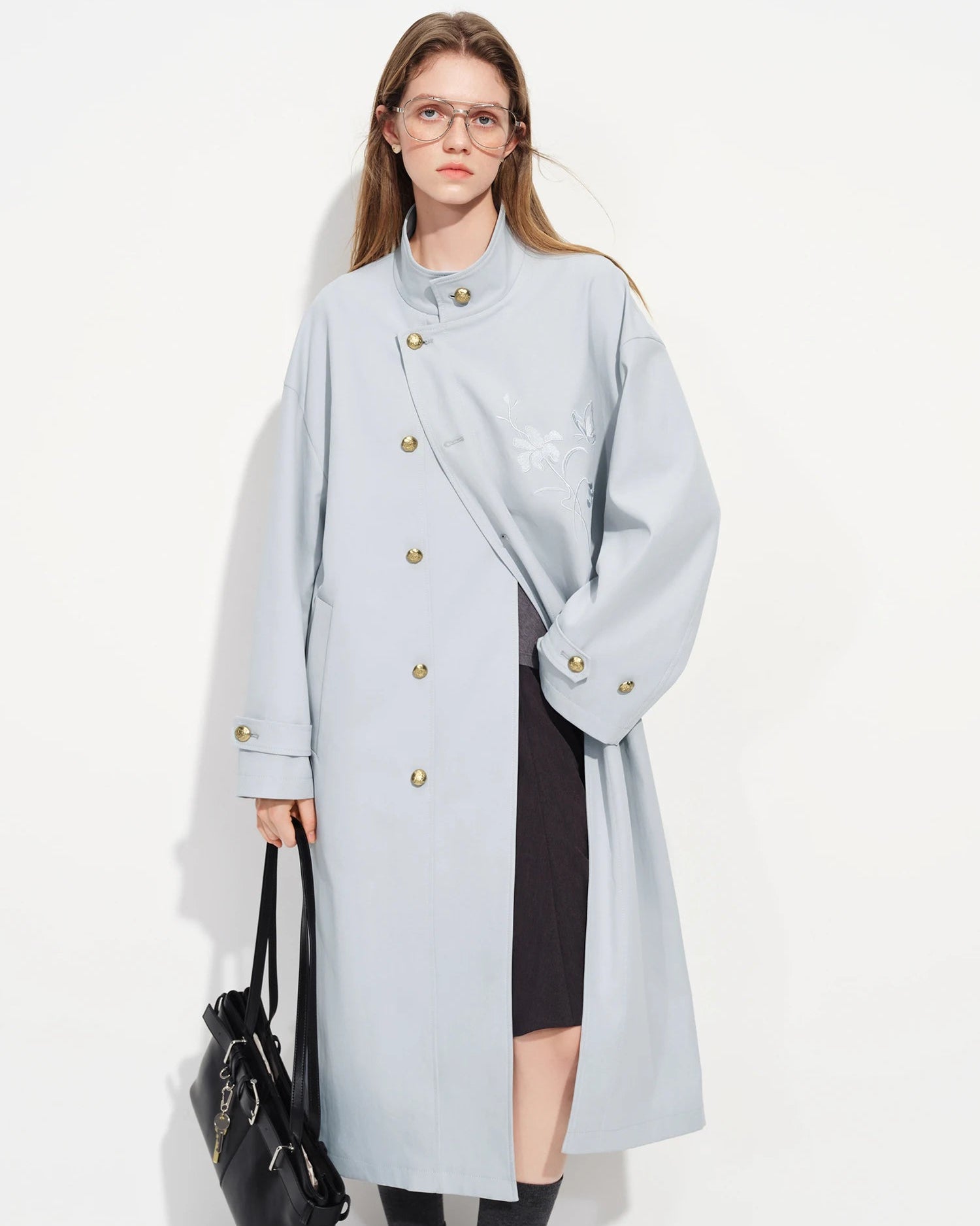 Premium embroidered stand collar long trench coat crafted for a modern fit, offering a unique blend of artistry and versatile comfort for your lounging needs or daily activities.