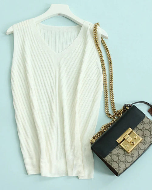 Silk-Lyocell V-Neck Knit Sleeveless Tank Top