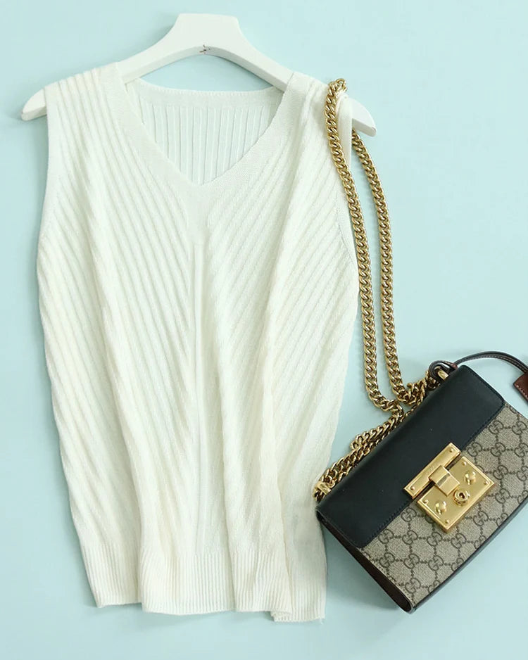 Silk-Lyocell V-Neck Knit Sleeveless Tank Top