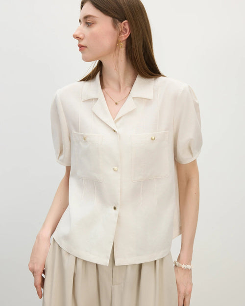 Women's Linen Blend Polo-Neck Short Sleeve Casual Shirt