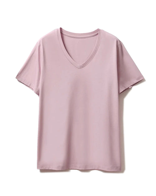 10% silk, 58% cotton & 32% modal V-neck short sleeve tee. Soft, breathable jersey knit in 9 candy colours, sizes S–XXL.