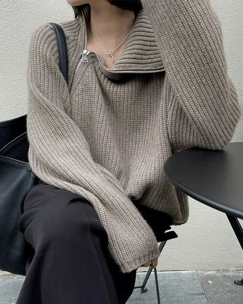 Oversized Irregular Zipper High Neck Cashmere Sweater