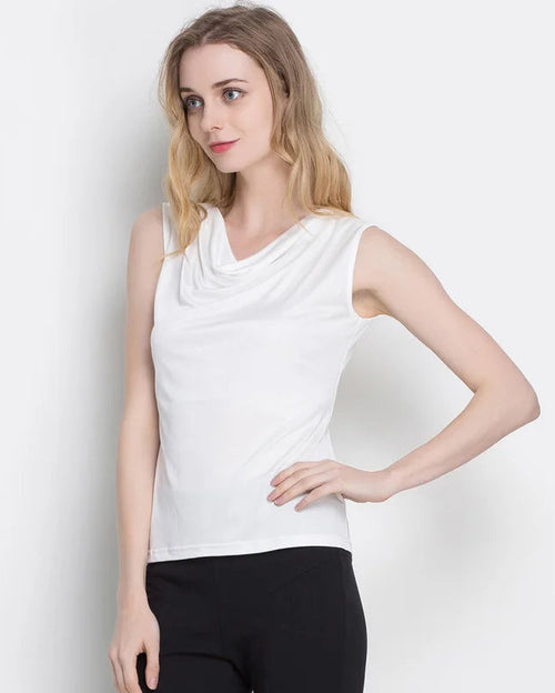 Silk-Viscose Draped Collar Sleeveless Tank Top