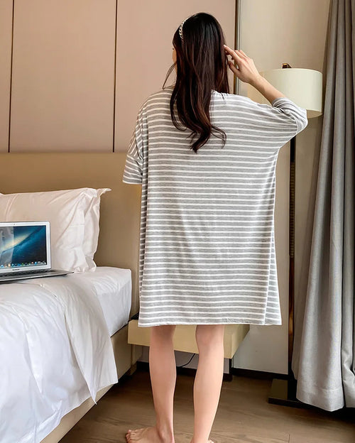 Modal Stripe Short Sleeve V-Neck Sleep Dress