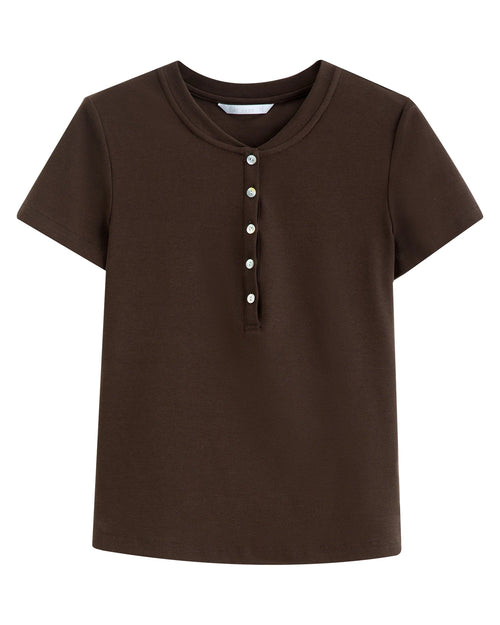 Cotton Lyocell Button-Trim Fitted Tee