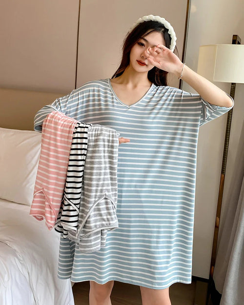 Modal Stripe Short Sleeve V-Neck Sleep Dress