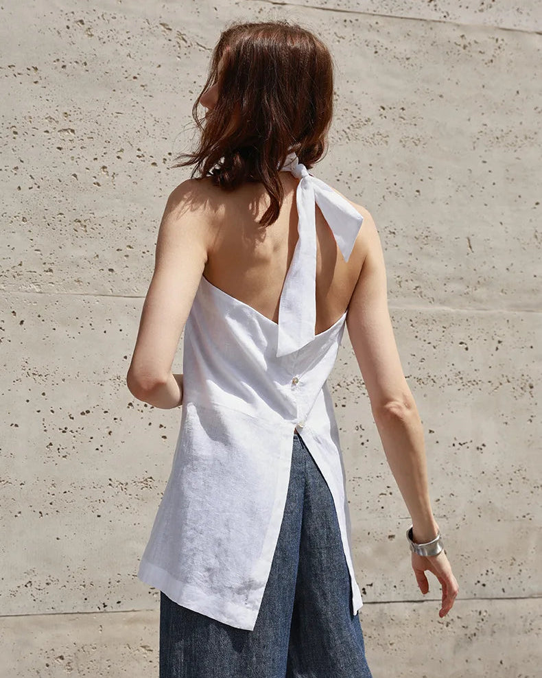 Sleeveless Linen Backless Halter Top