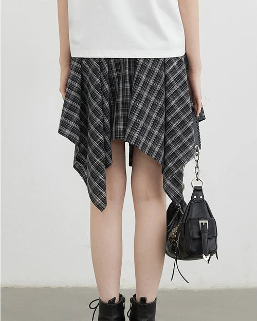 Plaid Asymmetric A-Line Cotton Midi Skirt