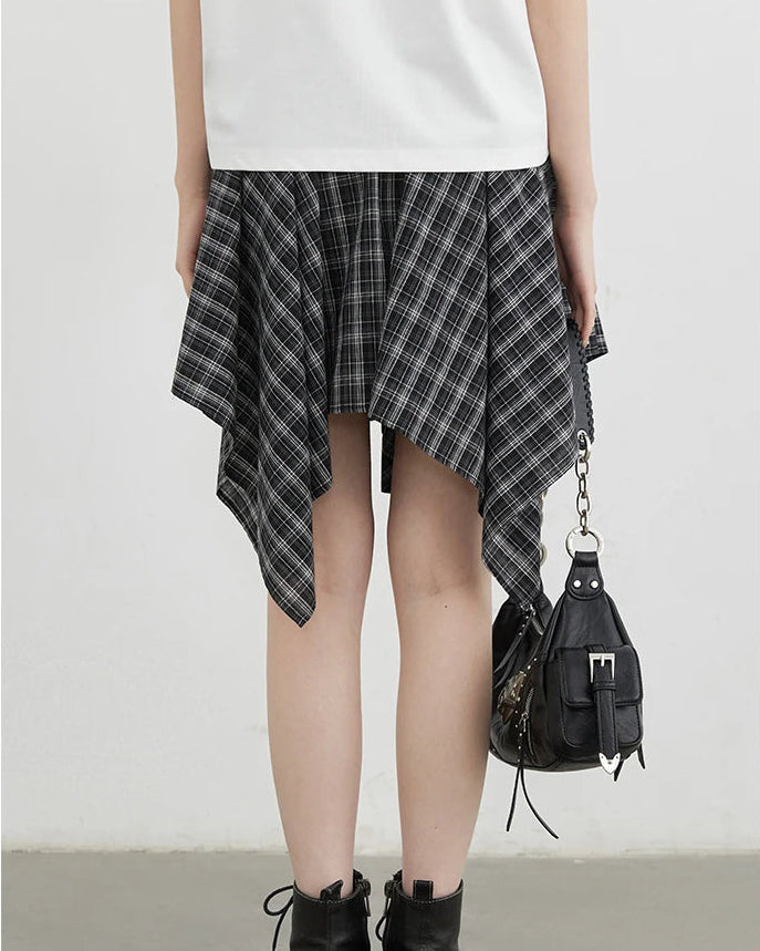 Plaid Asymmetric A-Line Cotton Midi Skirt