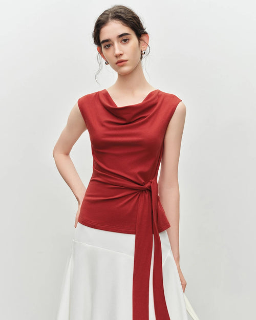Women's pleated V-neck sleeveless knit T-shirt, featuring a soft viscose-cotton blend and draped silhouette for effortless summer elegance from morning meetings to weekend outings.