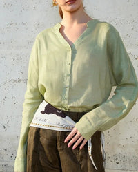Ramie V-Neck Button-Down Shirt