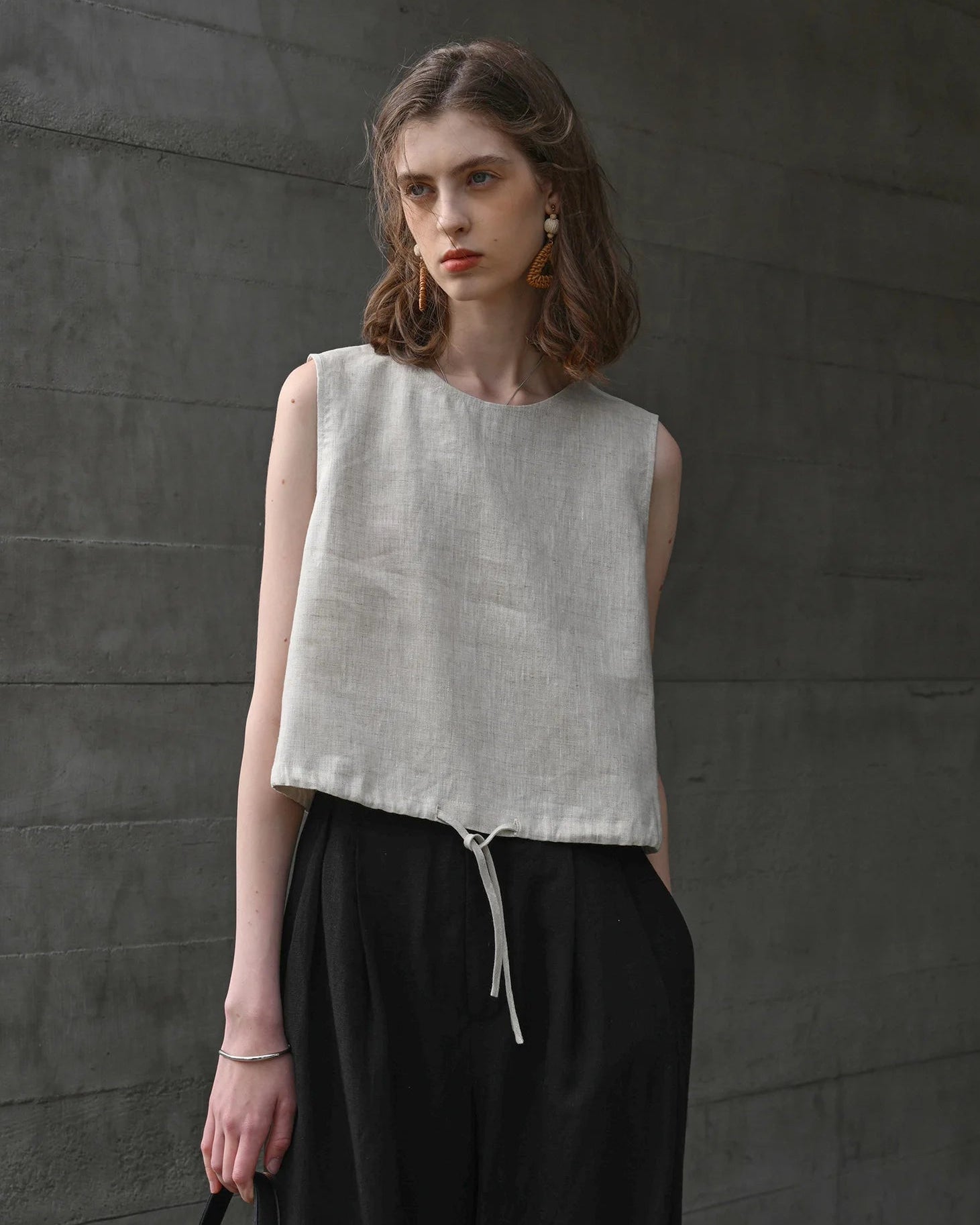 Linen Drawstring Crew Neck Cropped Vest