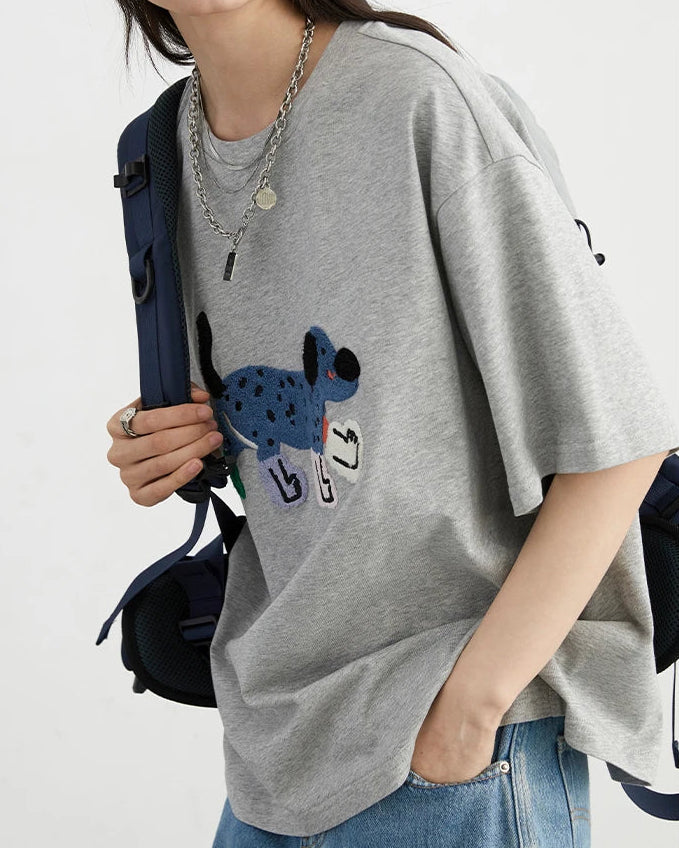 Puppy Embroidery Loose Cotton T-Shirt