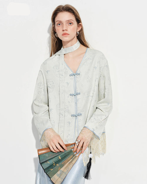  Elegant women's V-neck lace-trimmed blouse with a relaxed silhouette, versatile spring top for everyday polished dressing.