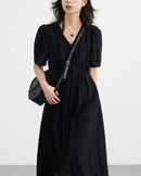 Retro V-Neck Puff Sleeve Loose Dress