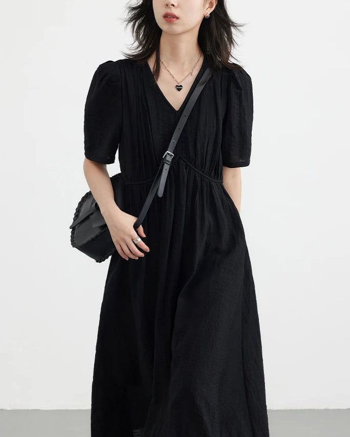 Retro V-Neck Puff Sleeve Loose Dress
