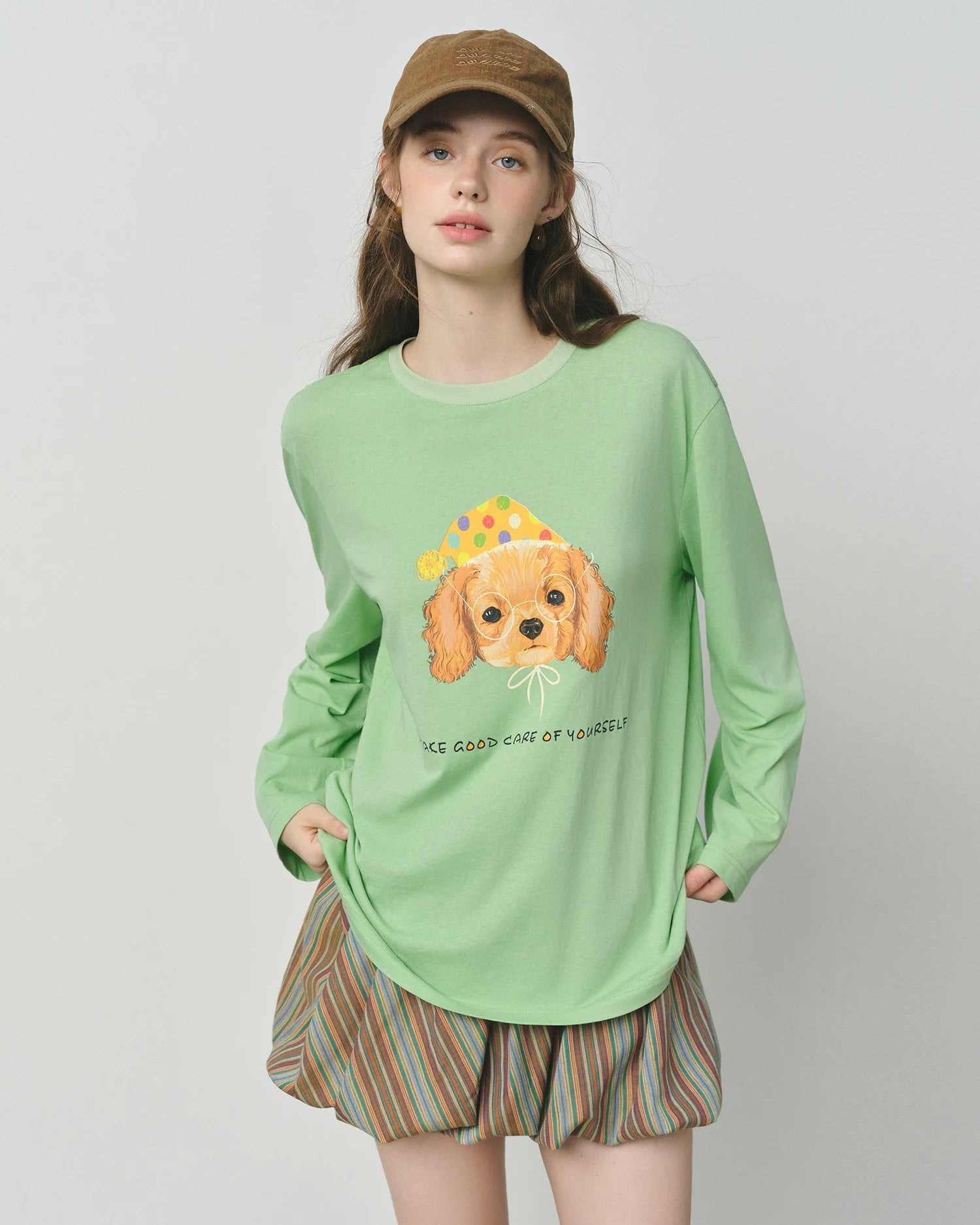 Puppy Letter Print Loose Long-Sleeve T-Shirt