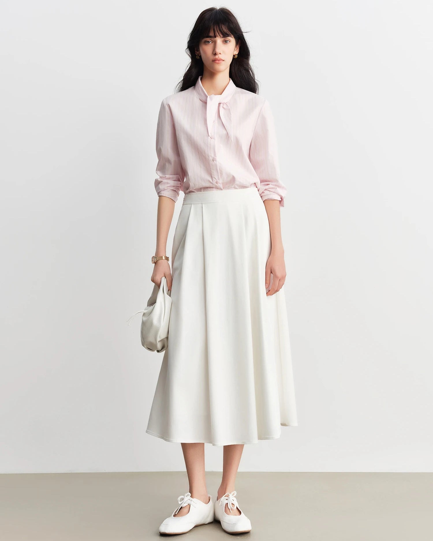 Striped Cotton Bunny-Tie Collar Shirt