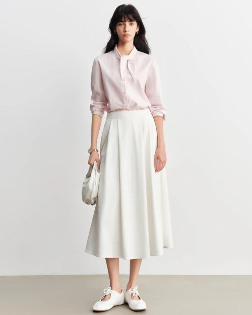 Striped Cotton Bunny-Tie Collar Shirt